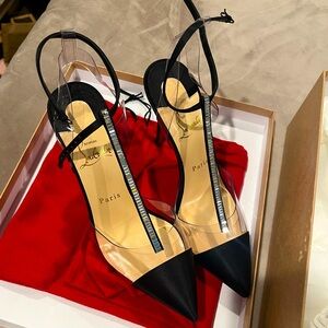 Christian Louboutin size 37.5 Nosy, satin and pvc with crystal 100mm never worn!